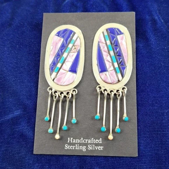 Vintage Native American Multi Stone On Sterling Silver Dangle Earrings Post - Picture 4 of 16